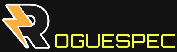 Oguespec logo with a stylized letter 'R' and lightning bolt on a black background
